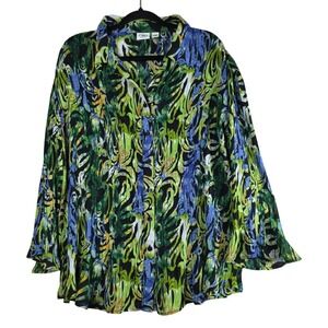 Cato Woman Button Down Shirt Green Blue Abstract Pleated Plus Sz 22/24W Tropical